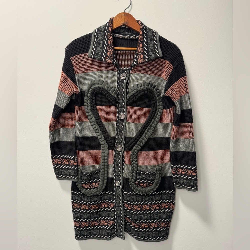 Vintage Heart Applique Striped Longline Cardigan Sweater Duster Collared S